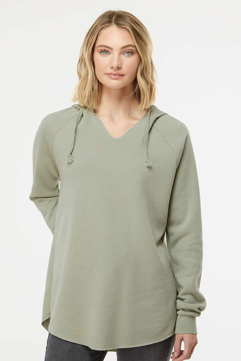Independent Trading Company PRM2500 Womens California Wave Wash Hooded Sweatshirt Hoodie Sage Green Model Front