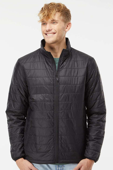 Independent Trading Company EXP100PFZ Mens Wind & Water Resistant Full Zip Puffer Jacket Black Model Front