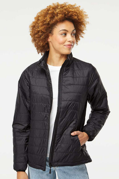 Independent Trading Company EXP200PFZ Womens Wind & Water Resistant Full Zip Puffer Jacket Black Model Front