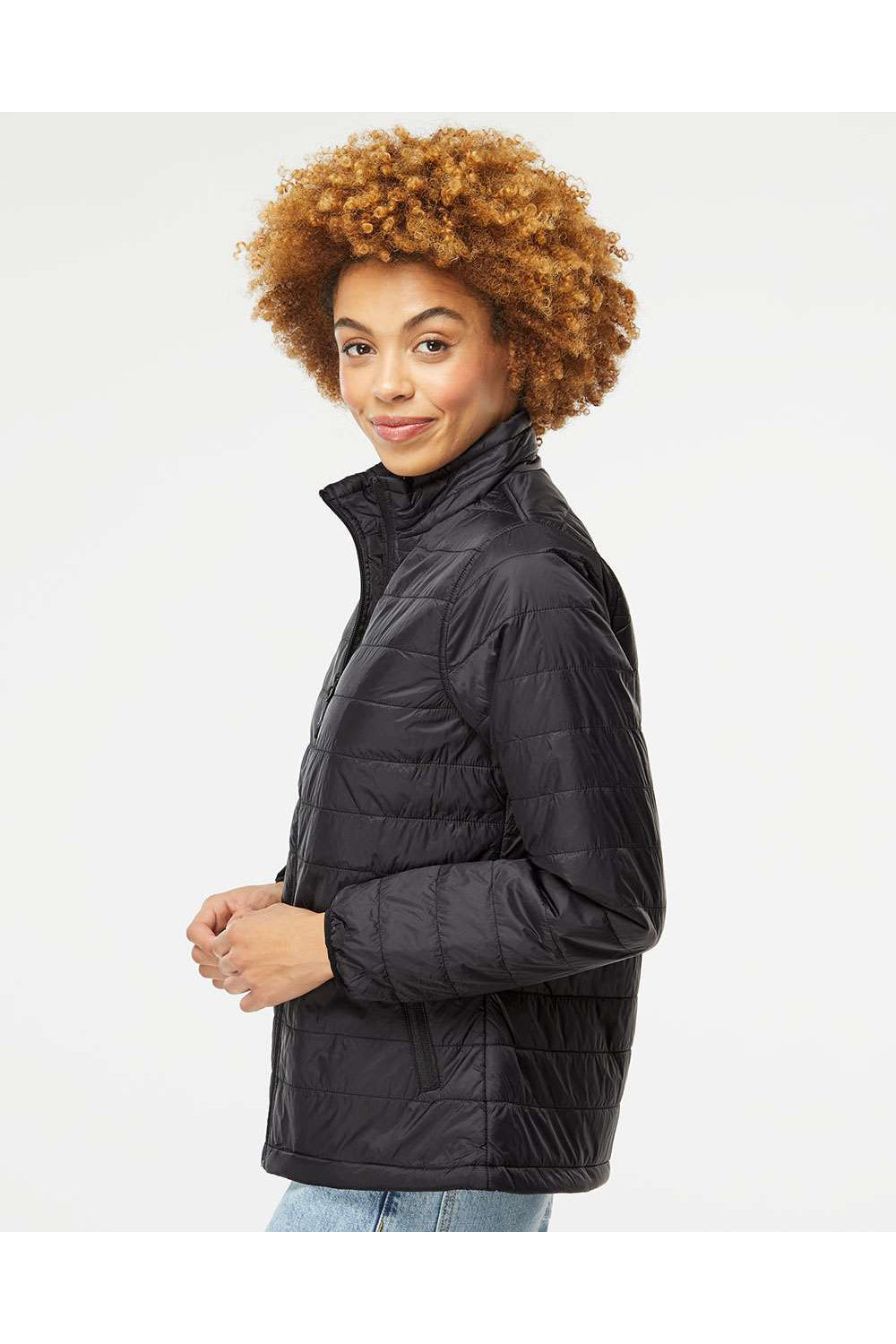 Independent Trading Co. EXP200PFZ Womens Full Zip Puffer Jacket Black Model Side