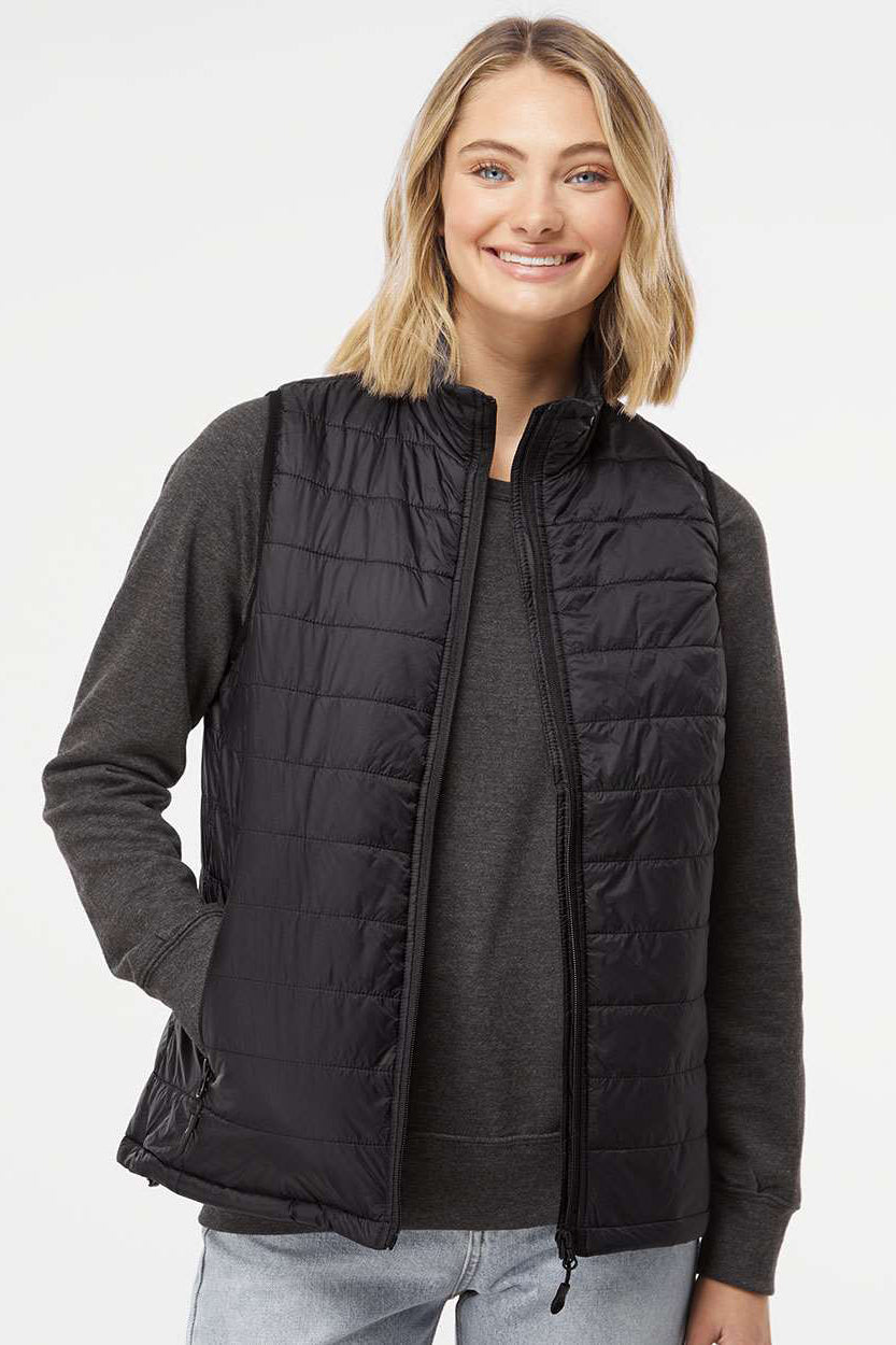 Independent Trading Company EXP220PFV Womens Wind & Water Resistant Full Zip Puffer Vest Black Model Front