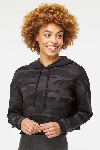 Independent Trading Company AFX64CRP Womens Crop Hooded Sweatshirt Hoodie Black Camo Model Front