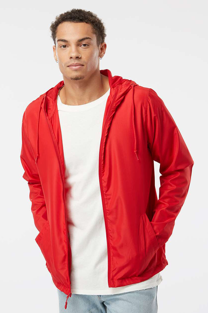 Independent Trading Company EXP54LWZ Mens Water Resistant Full Zip Windbreaker Hooded Jacket Red Model Front