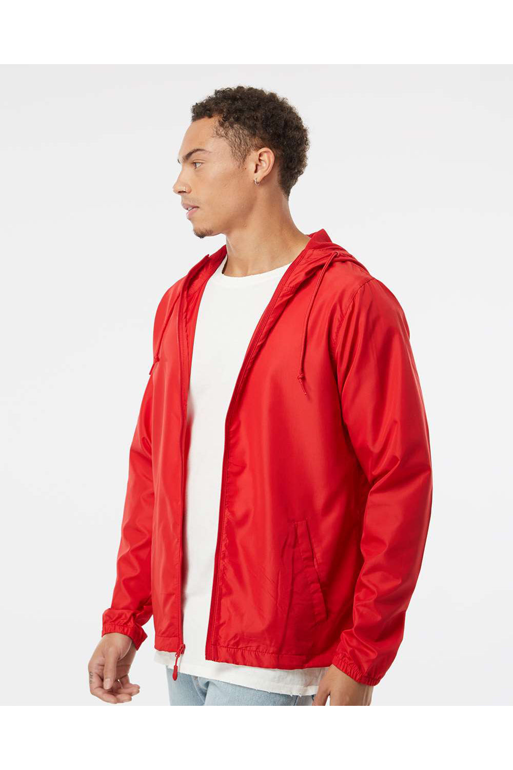 Independent Trading Co. EXP54LWZ Mens Full Zip Windbreaker Hooded Jacket Red Model Side
