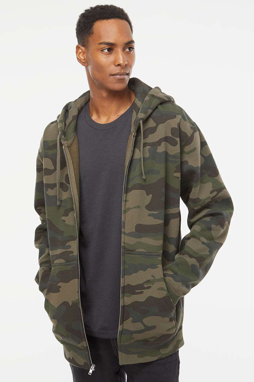 Independent Trading Company IND4000Z Mens Full Zip Hooded Sweatshirt Hoodie w/ Pockets Forest Green Camo Model Front