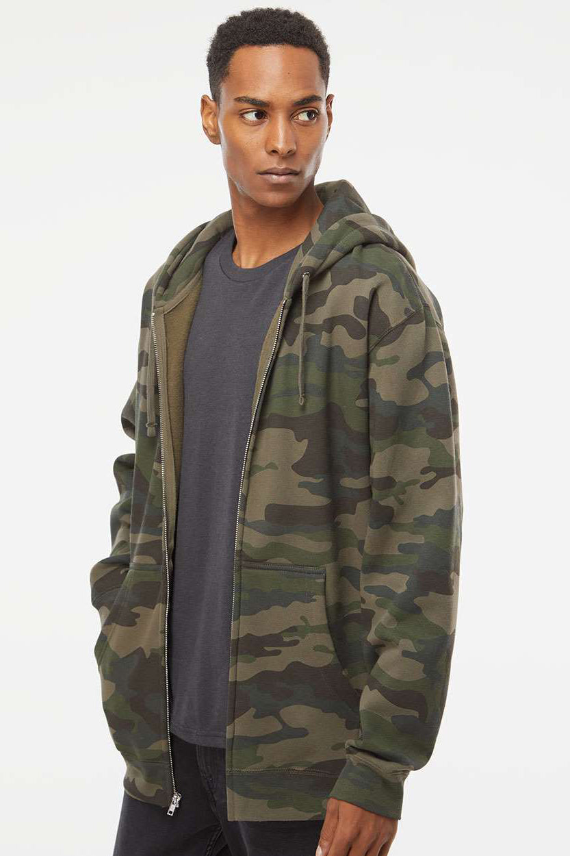 Independent Trading Company IND4000Z Mens Full Zip Hooded Sweatshirt Hoodie w/ Pockets Forest Green Camo Model Side