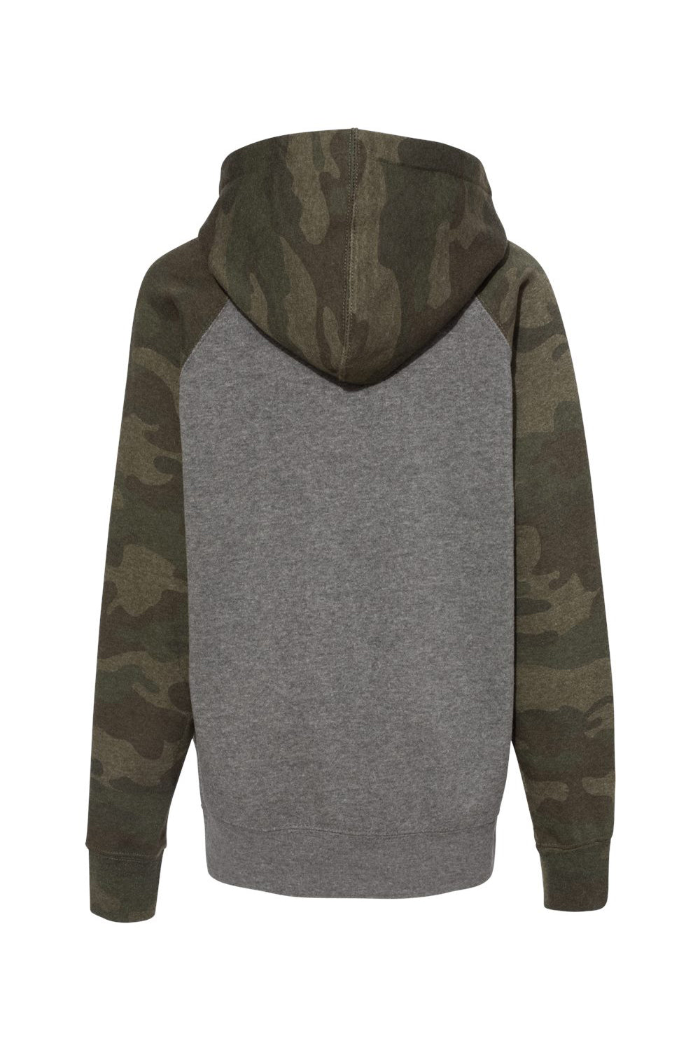 Independent Trading Company PRM15YSB Youth Special Blend Raglan Hooded Sweatshirt Hoodie w/ Pouch Pocket Heather Nickel Grey/Forest Green Camo Flat Back
