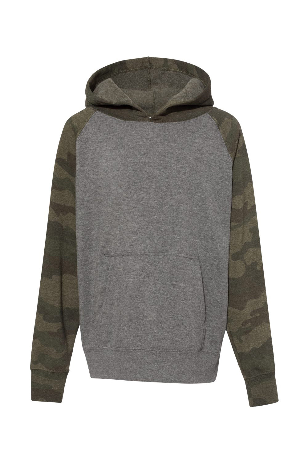 Independent Trading Company PRM15YSB Youth Special Blend Raglan Hooded Sweatshirt Hoodie w/ Pouch Pocket Heather Nickel Grey/Forest Green Camo Flat Front