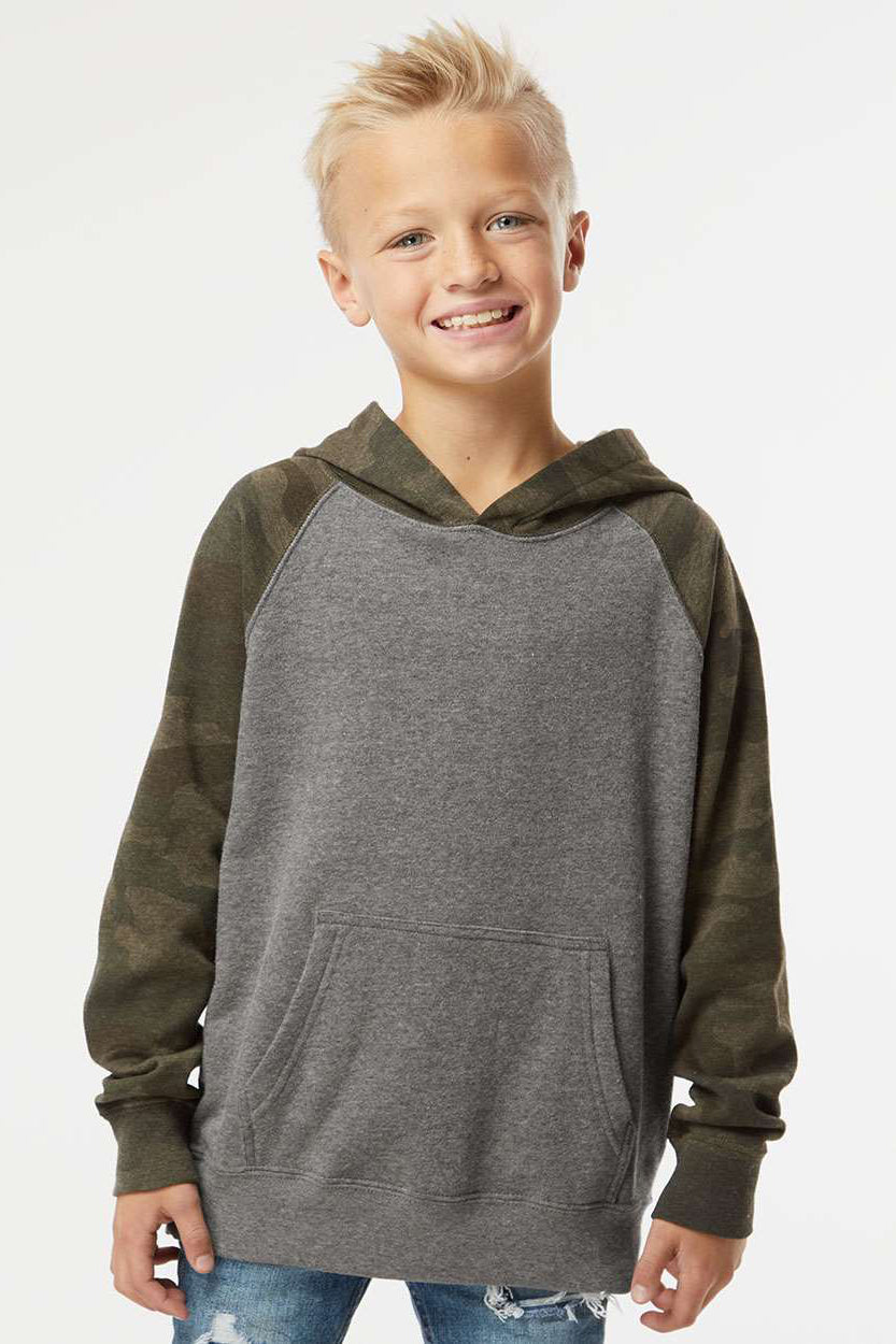 Independent Trading Company PRM15YSB Youth Special Blend Raglan Hooded Sweatshirt Hoodie w/ Pouch Pocket Heather Nickel Grey/Forest Green Camo Model Front