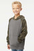 Independent Trading Company PRM15YSB Youth Special Blend Raglan Hooded Sweatshirt Hoodie w/ Pouch Pocket Heather Nickel Grey/Forest Green Camo Model Side