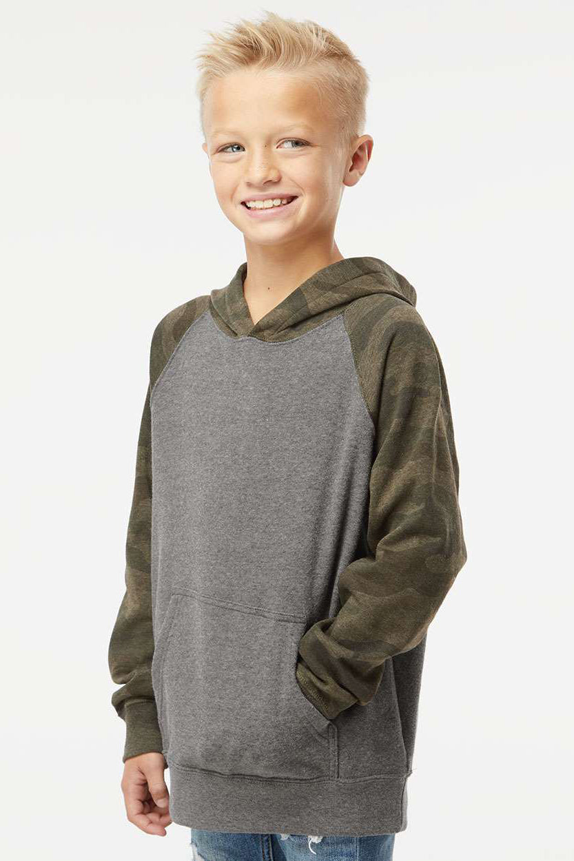 Independent Trading Company PRM15YSB Youth Special Blend Raglan Hooded Sweatshirt Hoodie w/ Pouch Pocket Heather Nickel Grey/Forest Green Camo Model Side