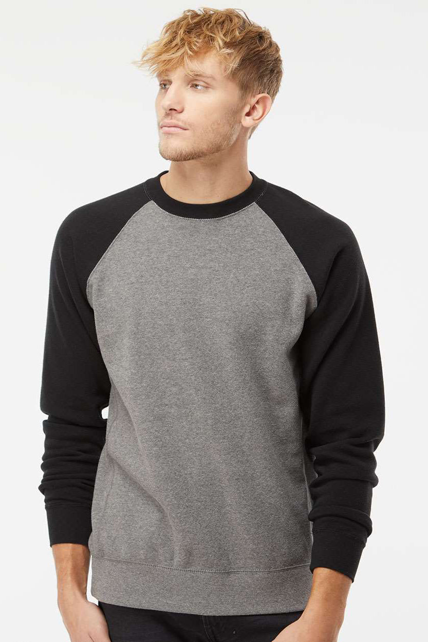 Independent Trading Company PRM30SBC Mens Special Blend Crewneck Raglan Sweatshirt Heather Nickel Grey/Black Model Front
