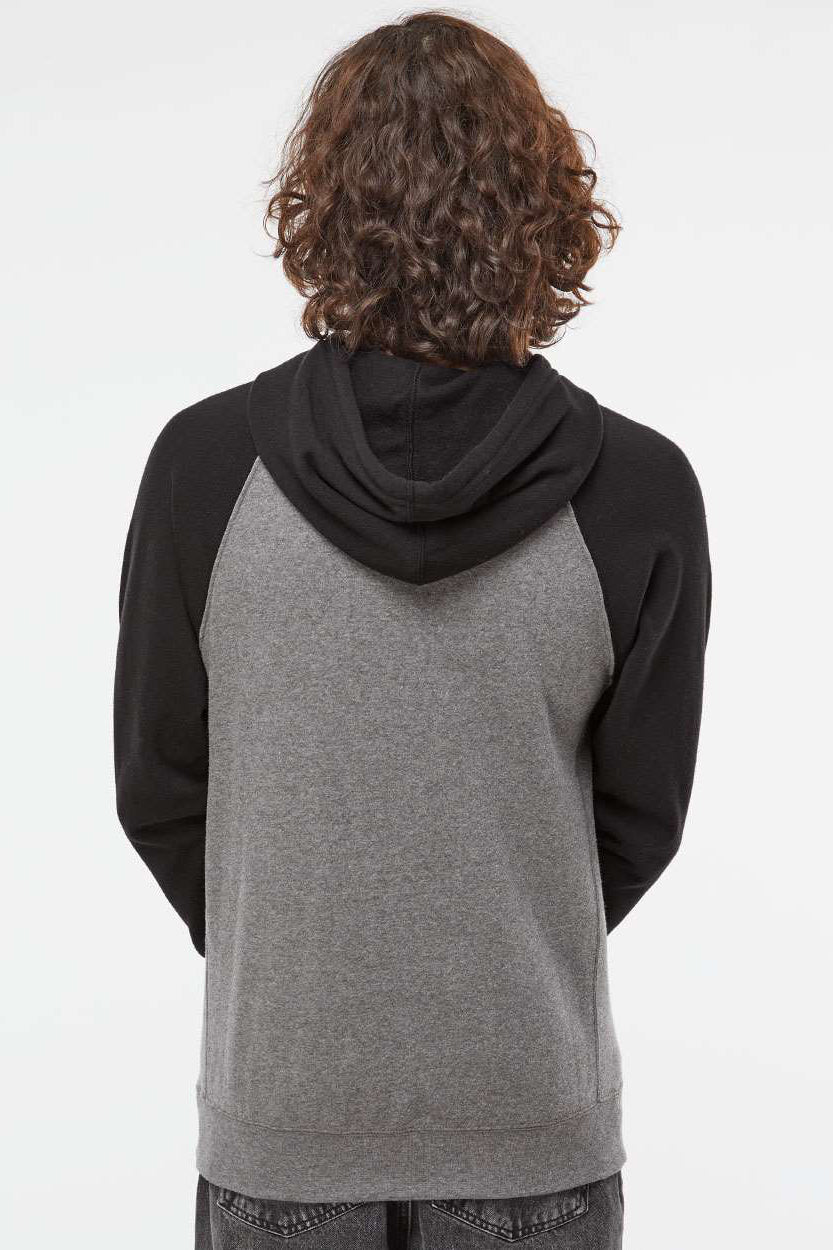 Independent Trading Company PRM33SBP Mens Special Blend Raglan Hooded Sweatshirt Hoodie w/ Pouch Pocket Heather Nickel Grey/Black Model Back