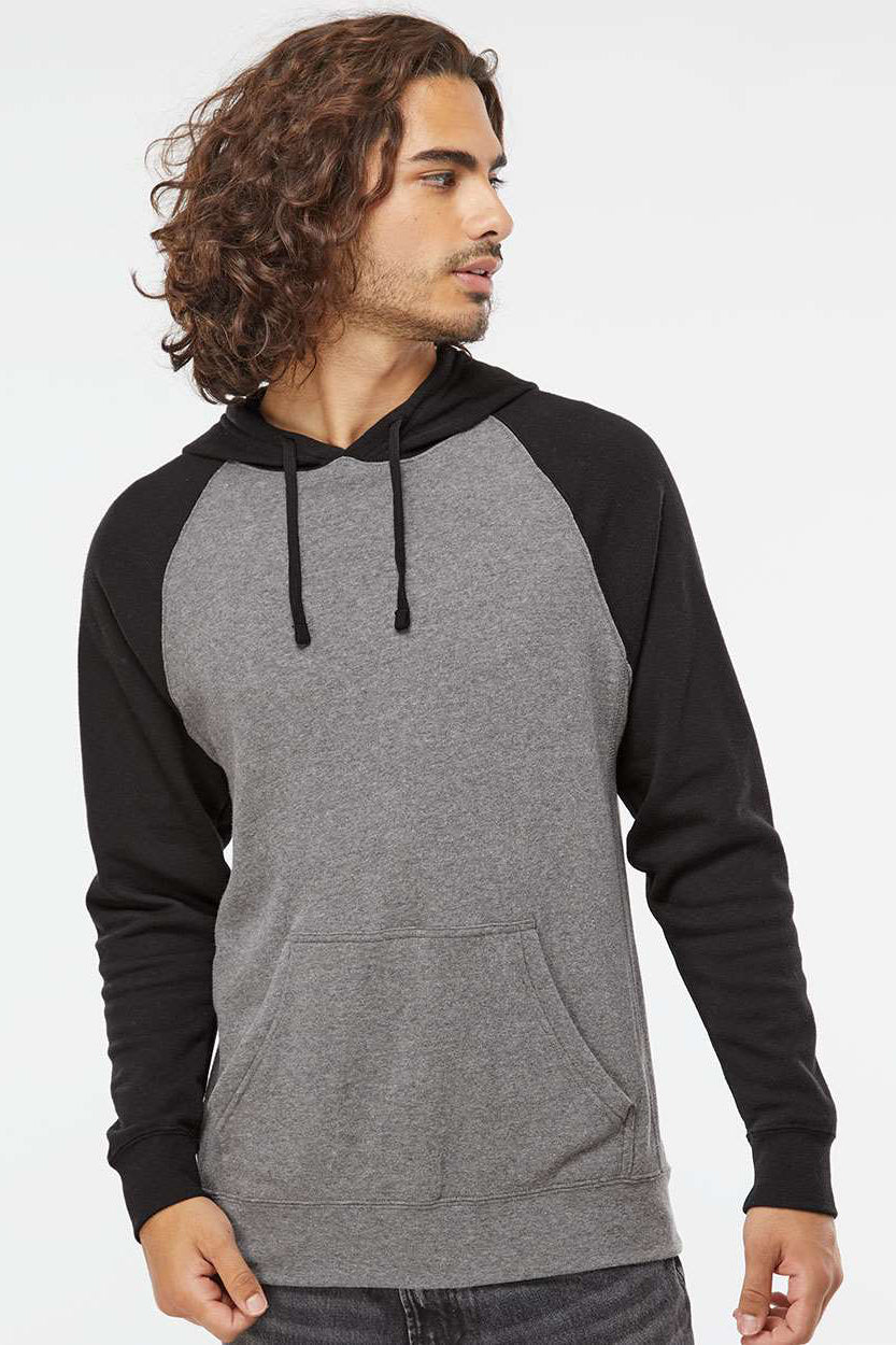 Independent Trading Company PRM33SBP Mens Special Blend Raglan Hooded Sweatshirt Hoodie w/ Pouch Pocket Heather Nickel Grey/Black Model Front