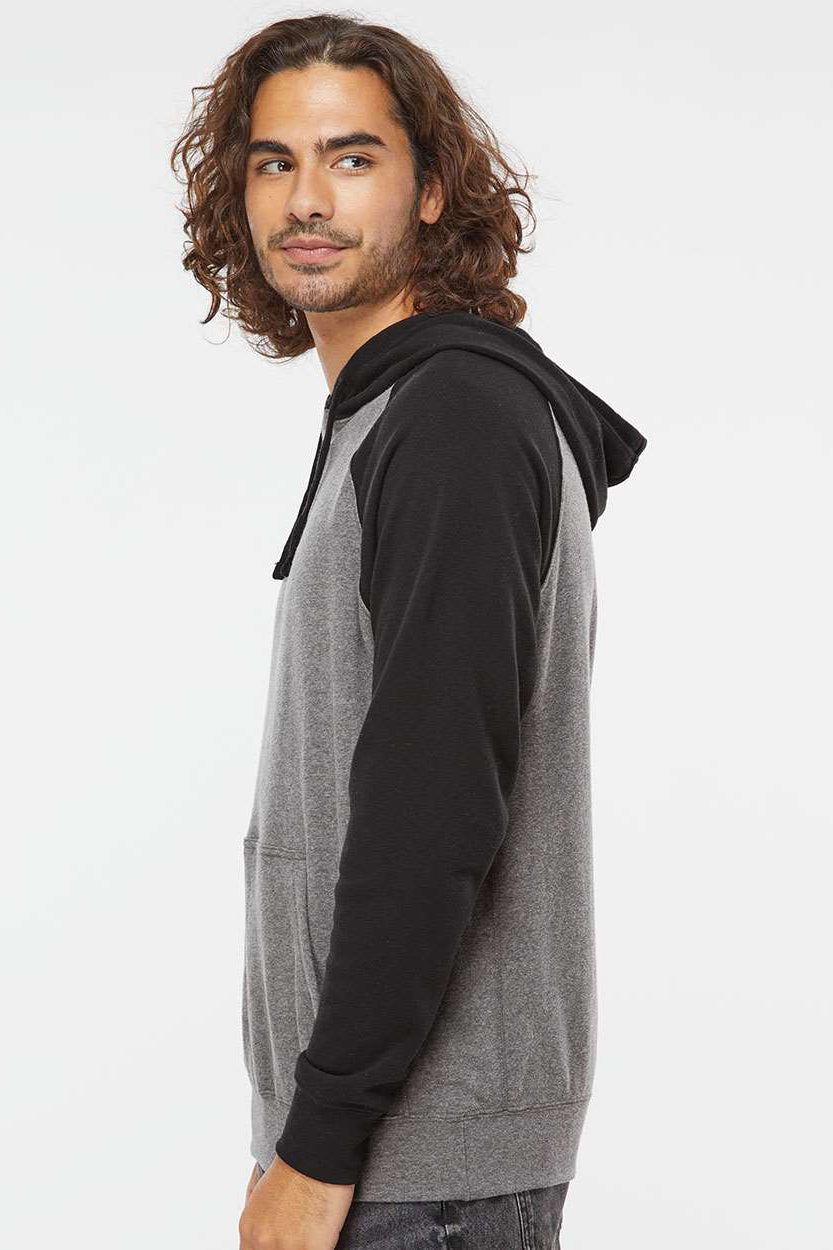 Independent Trading Company PRM33SBP Mens Special Blend Raglan Hooded Sweatshirt Hoodie w/ Pouch Pocket Heather Nickel Grey/Black Model Side
