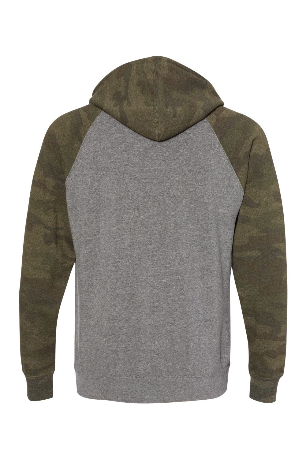 Independent Trading Company PRM33SBP Mens Special Blend Raglan Hooded Sweatshirt Hoodie w/ Pouch Pocket Heather Nickel Grey/Forest Green Camo Flat Back