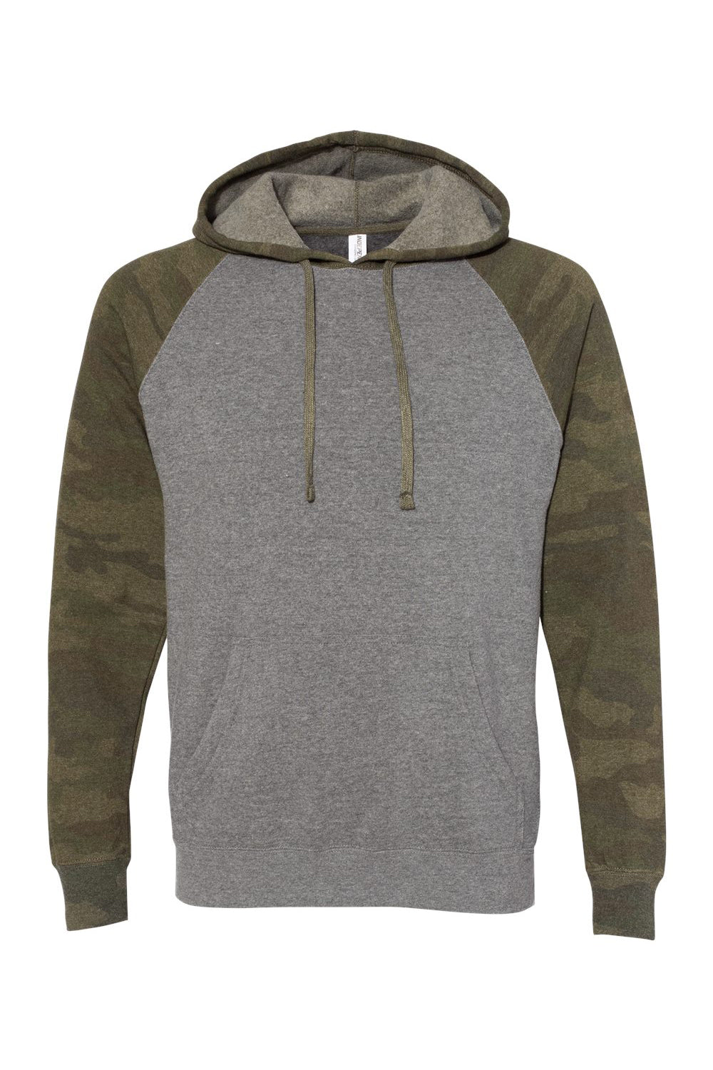 Independent Trading Company PRM33SBP Mens Special Blend Raglan Hooded Sweatshirt Hoodie w/ Pouch Pocket Heather Nickel Grey/Forest Green Camo Flat Front