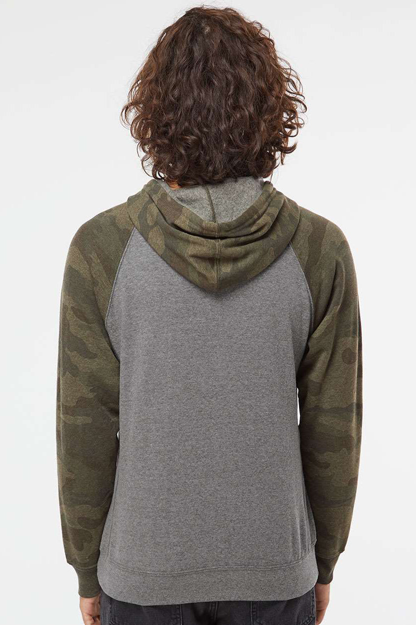 Independent Trading Company PRM33SBP Mens Special Blend Raglan Hooded Sweatshirt Hoodie w/ Pouch Pocket Heather Nickel Grey/Forest Green Camo Model Back
