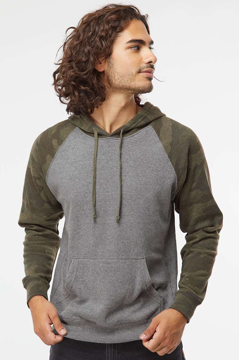 Independent Trading Company PRM33SBP Mens Special Blend Raglan Hooded Sweatshirt Hoodie w/ Pouch Pocket Heather Nickel Grey/Forest Green Camo Model Front
