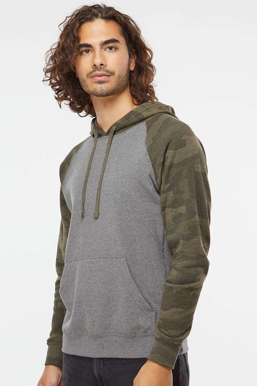Independent Trading Company PRM33SBP Mens Special Blend Raglan Hooded Sweatshirt Hoodie w/ Pouch Pocket Heather Nickel Grey/Forest Green Camo Model Side