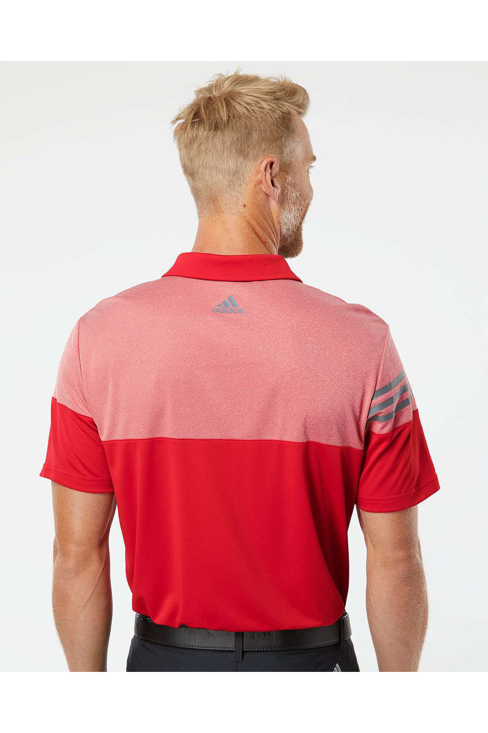 Adidas A213 Mens 3 Stripes Heathered Colorblock Short Sleeve Polo Shirt Power Red Model Back