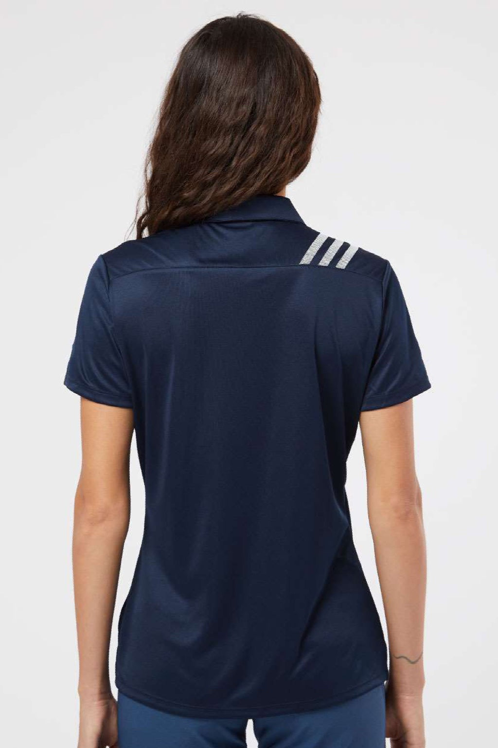 Adidas A325 Womens 3 Stripes UPF 50+ Short Sleeve Polo Shirt Collegiate Navy Blue Model Back