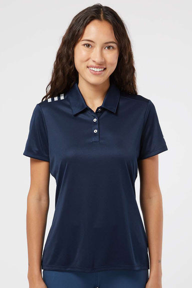 Adidas A325 Womens 3 Stripes Short Sleeve Polo Shirt Collegiate Navy Blue/White Model Front
