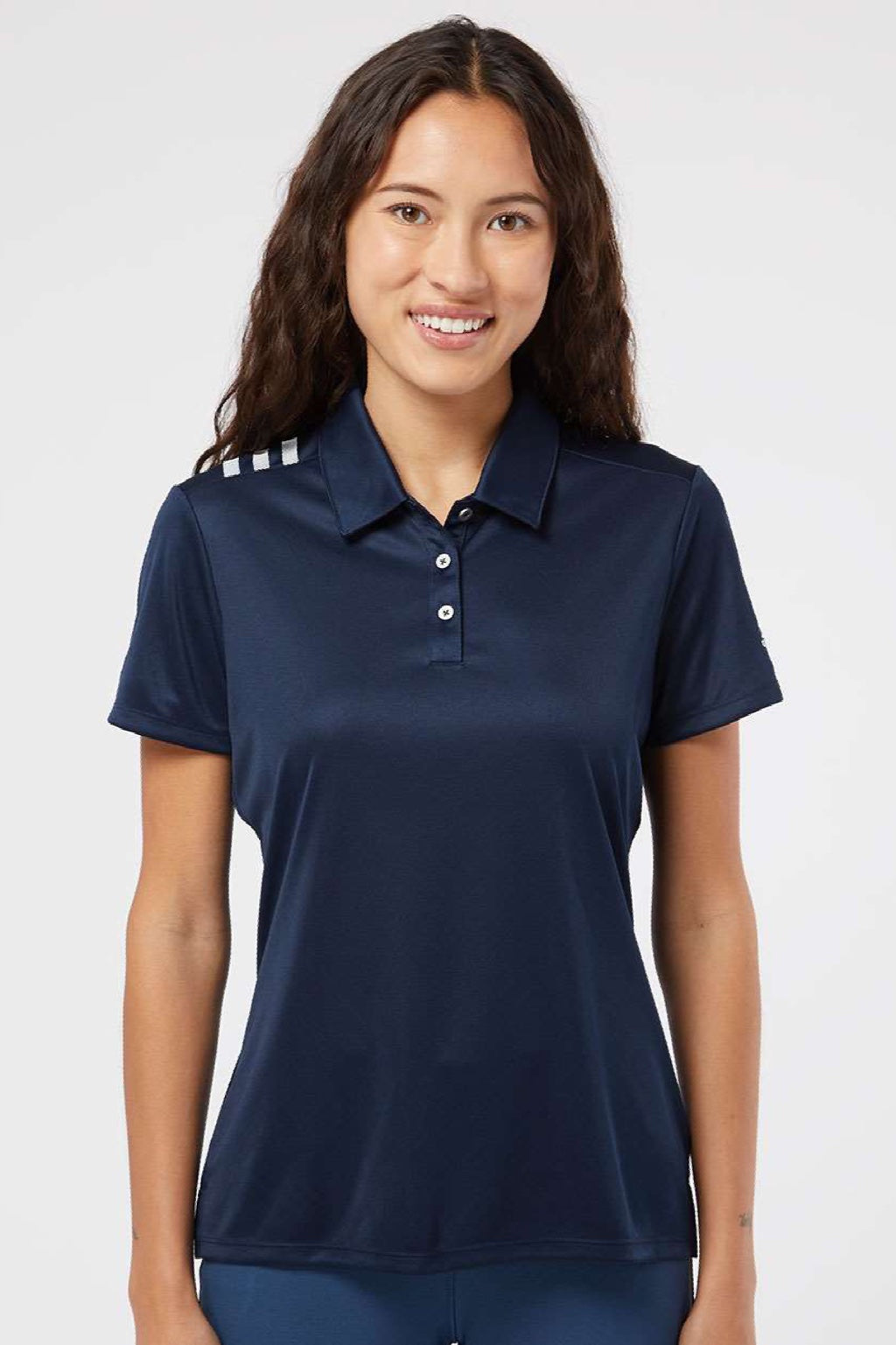 Adidas A325 Womens 3 Stripes UPF 50+ Short Sleeve Polo Shirt Collegiate Navy Blue Model Front