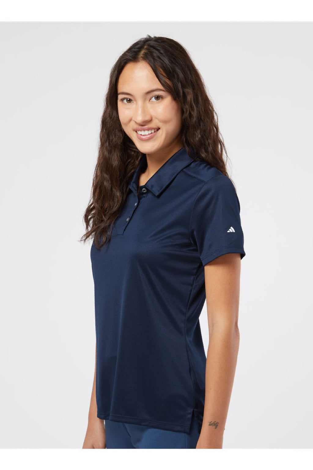 Adidas A325 Womens 3 Stripes UPF 50+ Short Sleeve Polo Shirt Collegiate Navy Blue Model Side