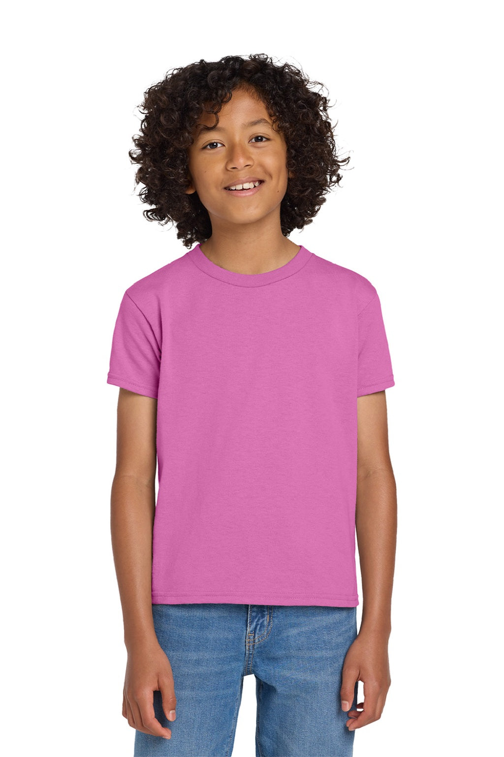 Gildan 8000B Youth DryBlend Moisture Wicking Short Sleeve Crewneck T-Shirt Azalea Pink Model Front