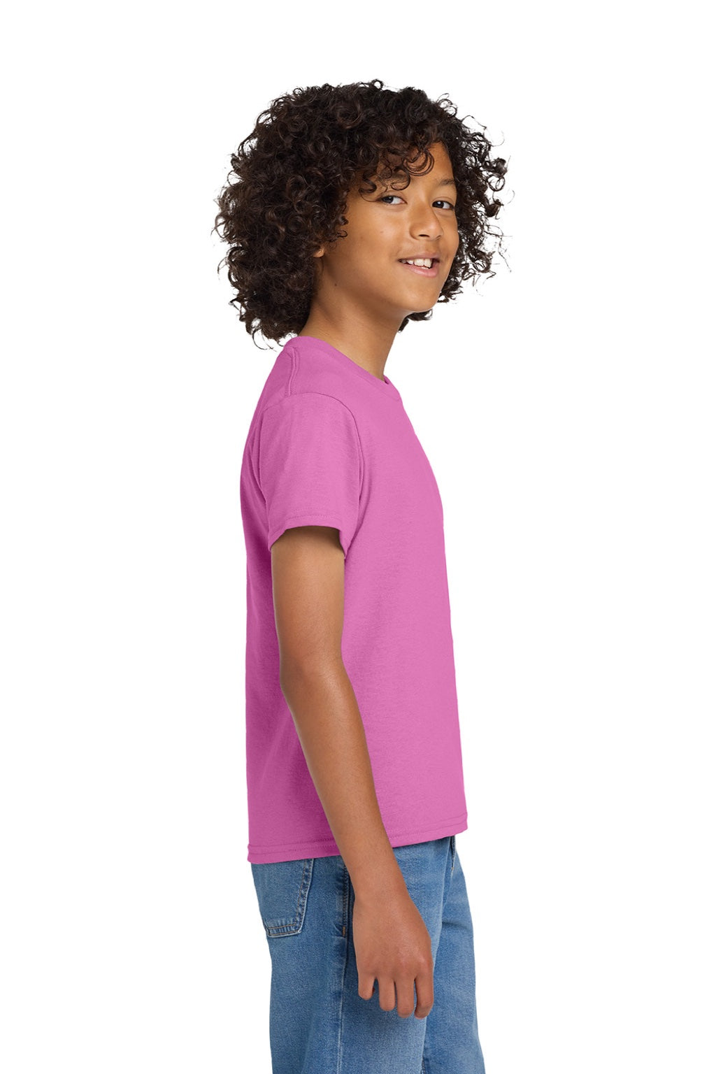 Gildan 8000B Youth DryBlend Moisture Wicking Short Sleeve Crewneck T-Shirt Azalea Pink Model Side