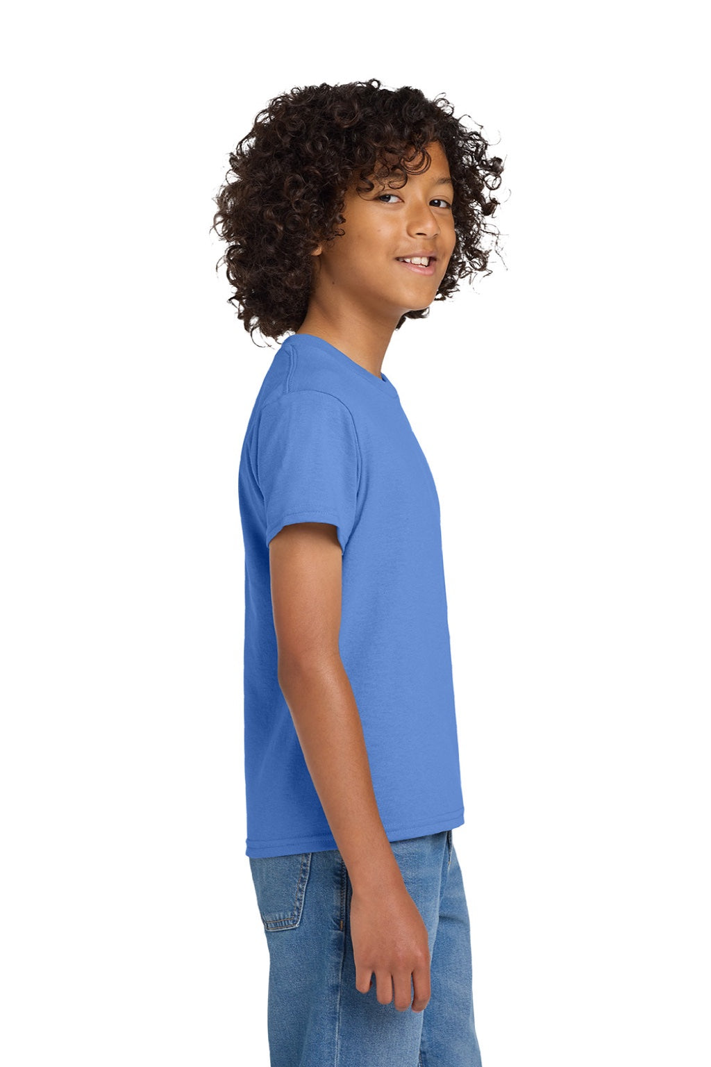 Gildan 8000B Youth DryBlend Moisture Wicking Short Sleeve Crewneck T-Shirt Carolina Blue Model Side
