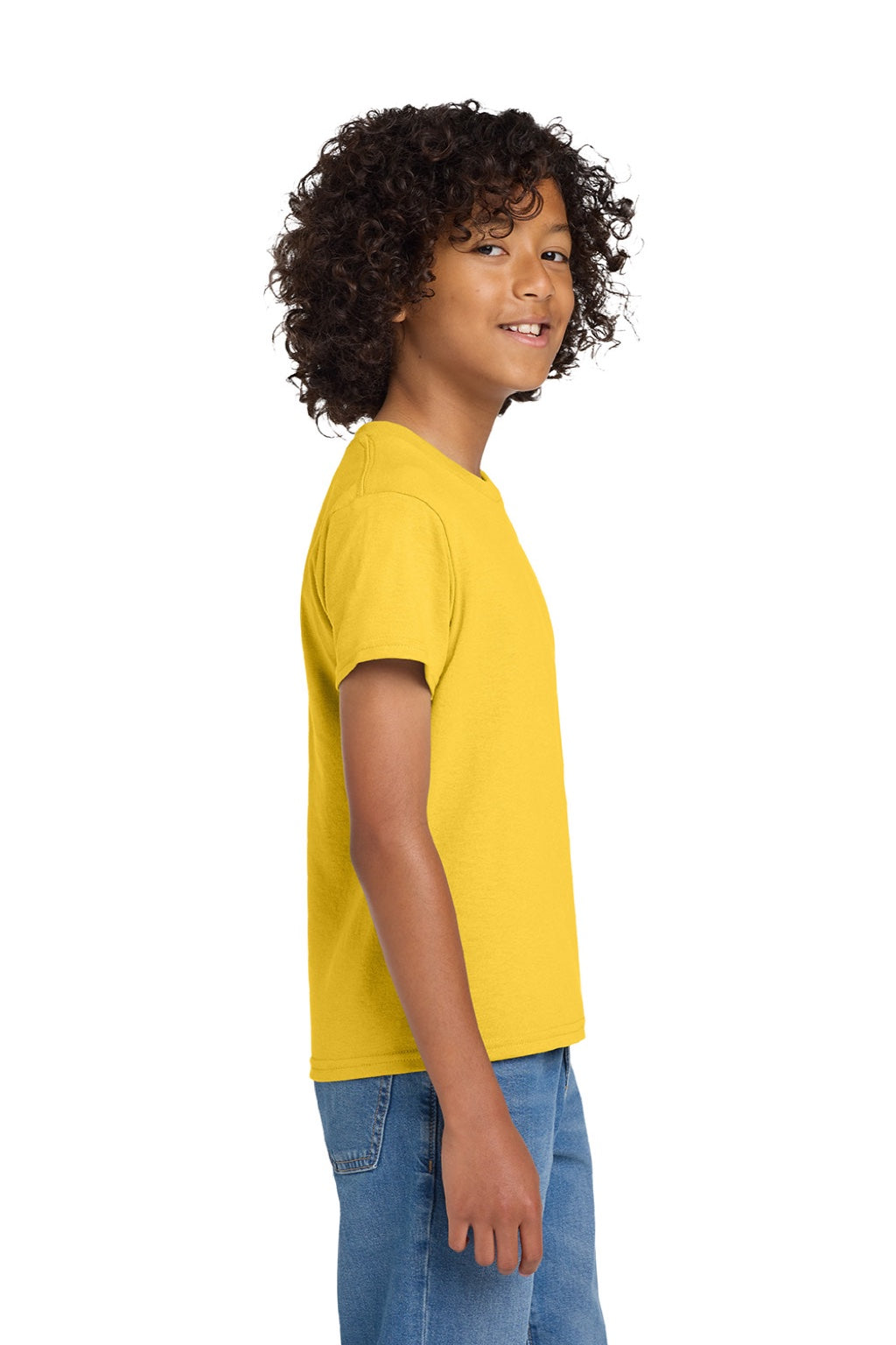 Gildan 8000B Youth DryBlend Moisture Wicking Short Sleeve Crewneck T-Shirt Daisy Yellow Model Side