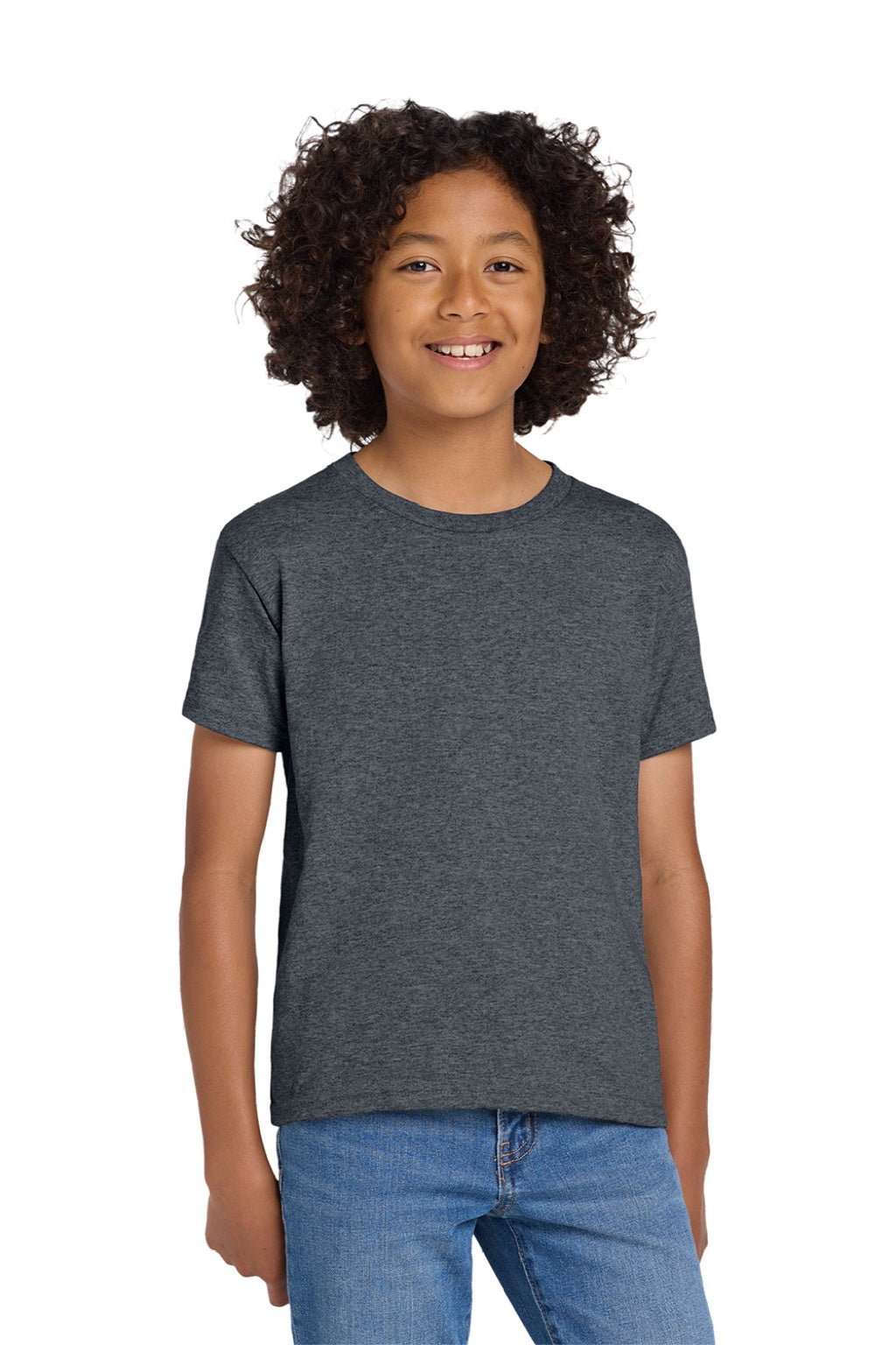 Gildan 8000B Youth DryBlend Moisture Wicking Short Sleeve Crewneck T-Shirt Heather Dark Grey Model Front