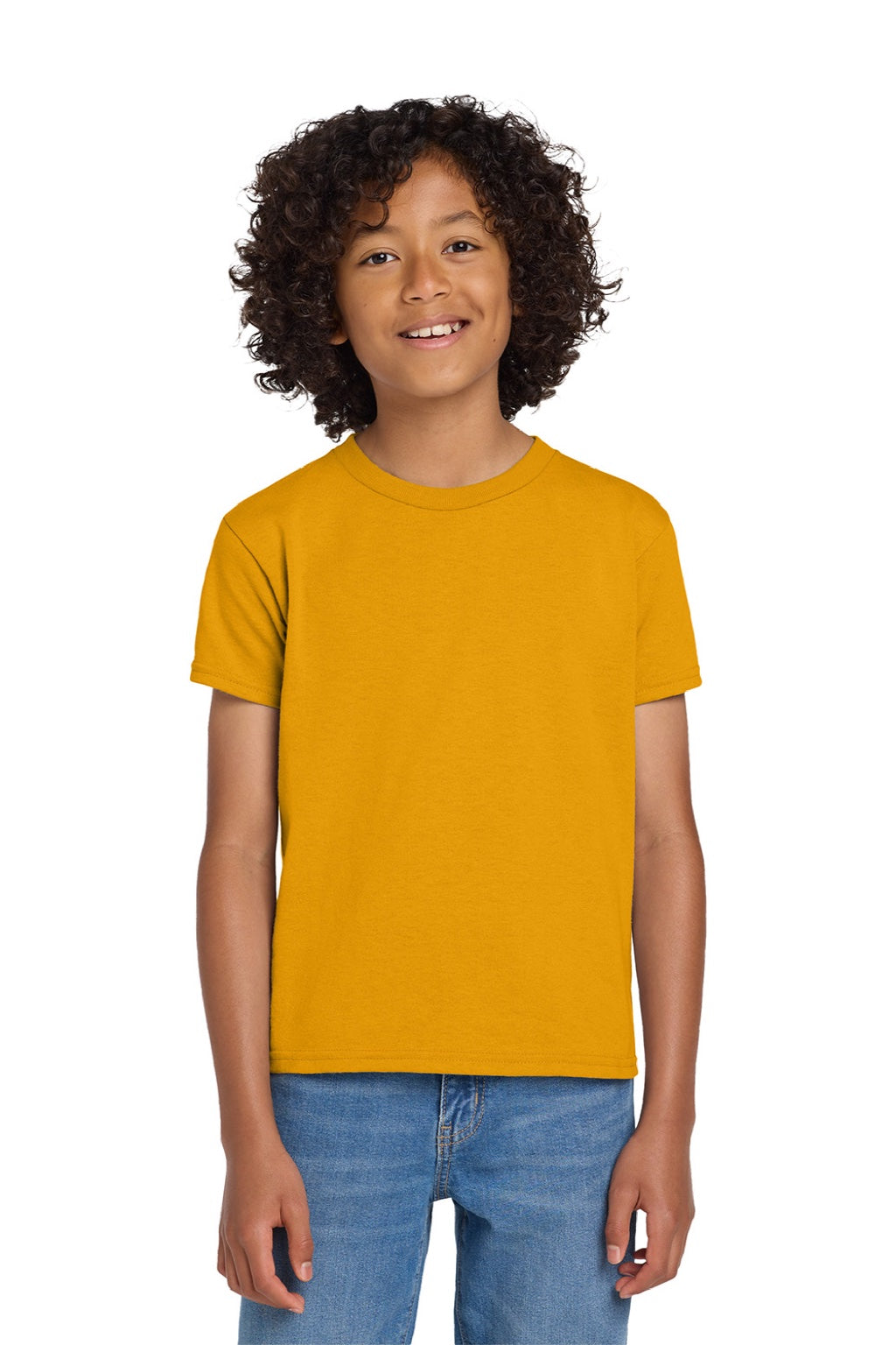 Gildan 8000B Youth DryBlend Moisture Wicking Short Sleeve Crewneck T-Shirt Gold Model Front