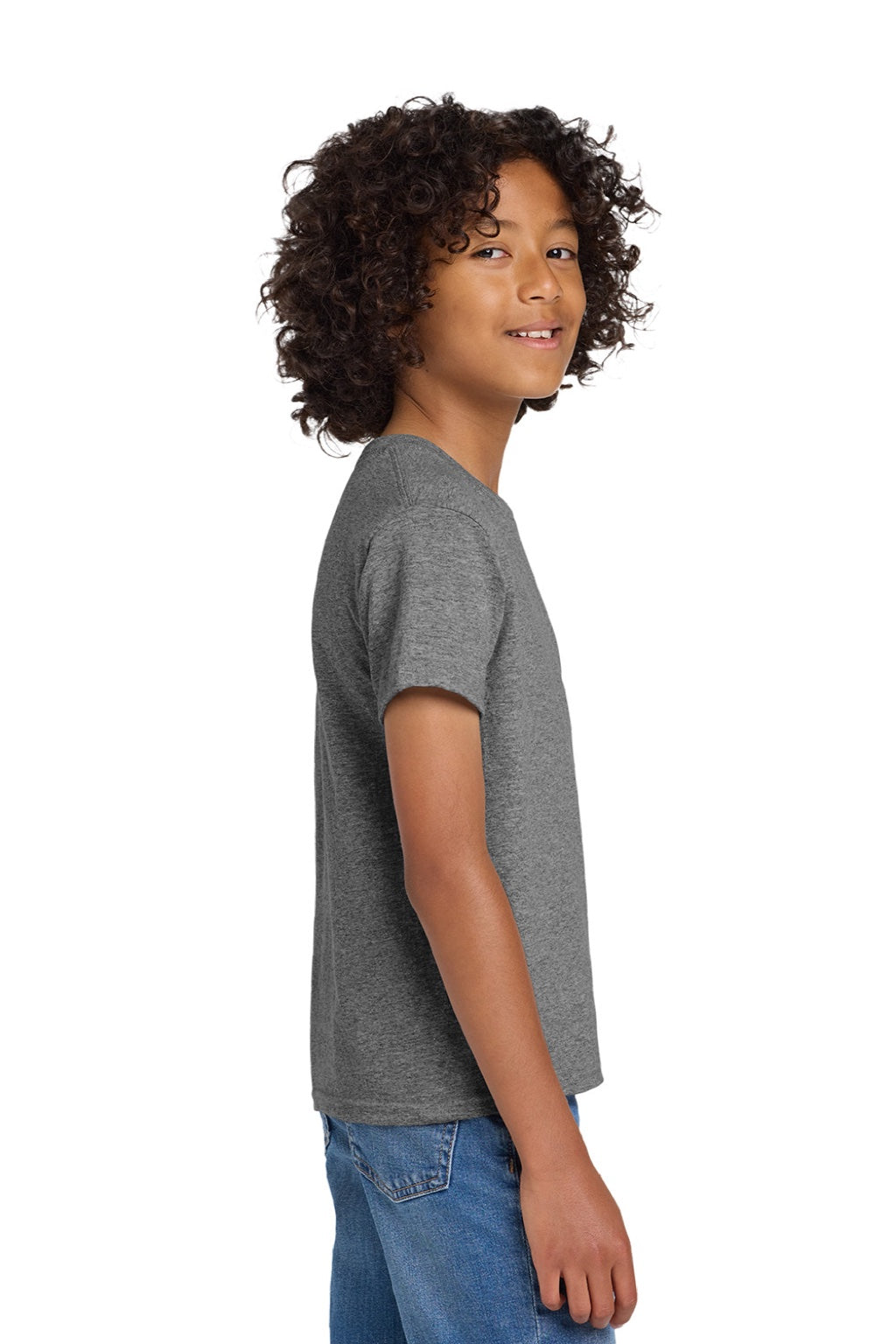 Gildan 8000B Youth DryBlend Moisture Wicking Short Sleeve Crewneck T-Shirt Heather Graphite Grey Model Side