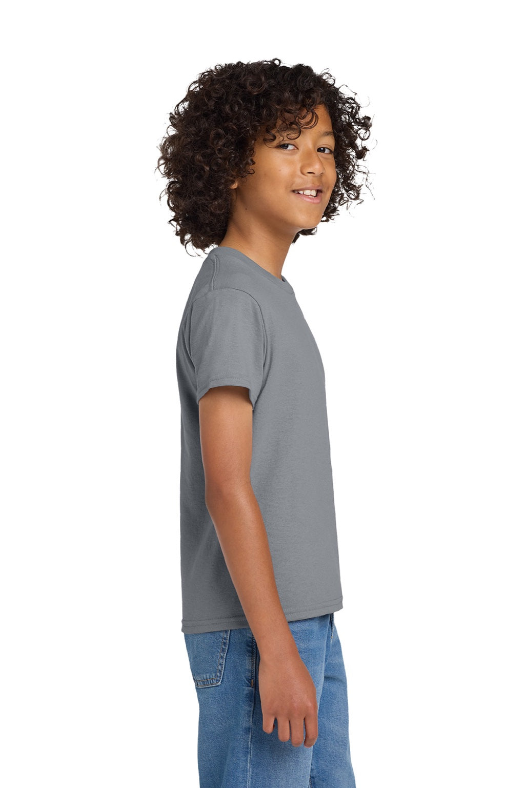 Gildan 8000B Youth DryBlend Moisture Wicking Short Sleeve Crewneck T-Shirt Gravel Grey Model Side