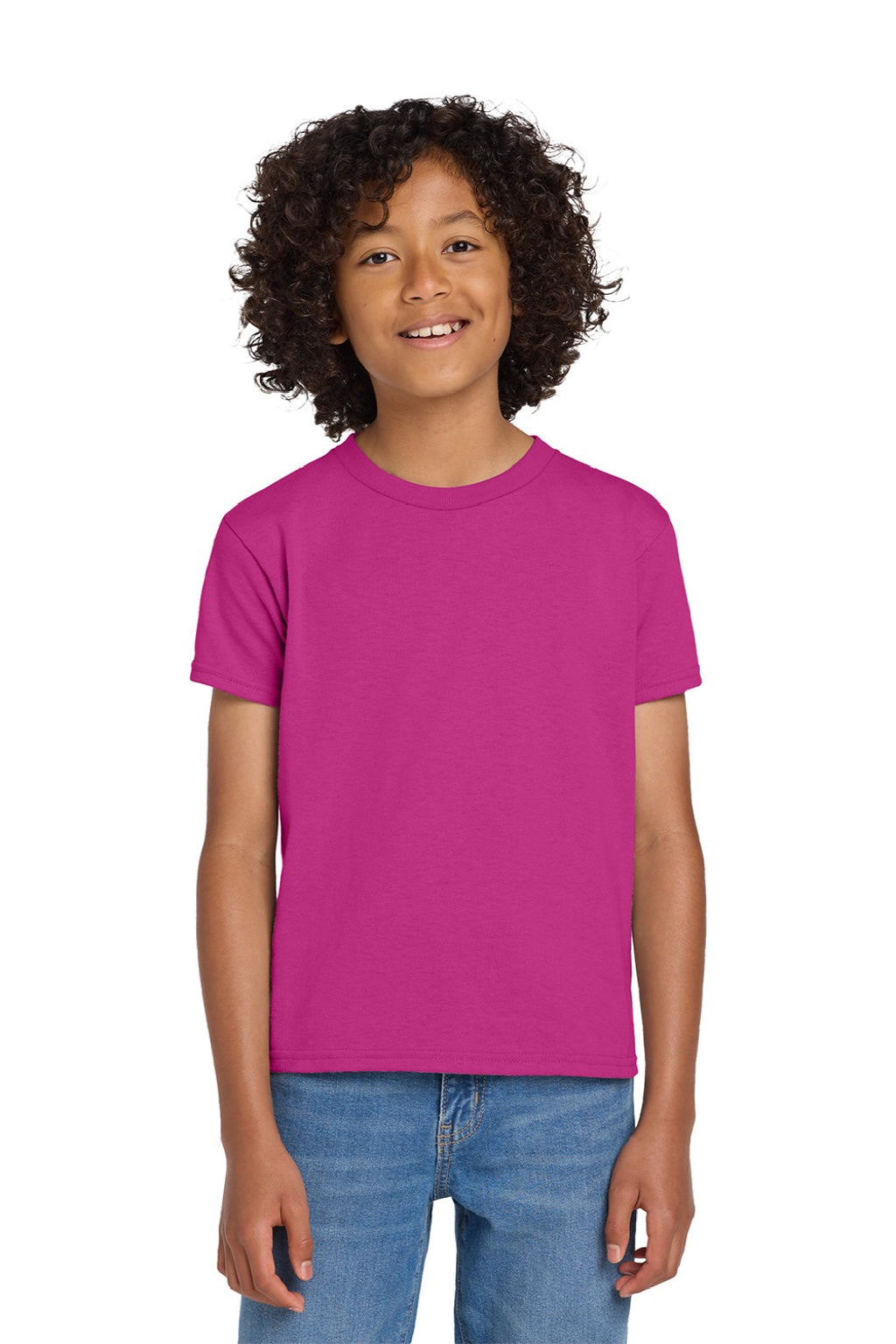 Gildan 8000B Youth DryBlend Moisture Wicking Short Sleeve Crewneck T-Shirt Heliconia Pink Model Front