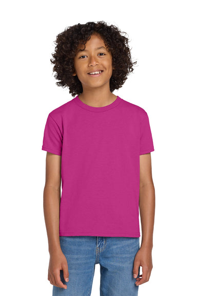 Gildan 8000B Youth DryBlend Moisture Wicking Short Sleeve Crewneck T-Shirt Heliconia Pink Model Front