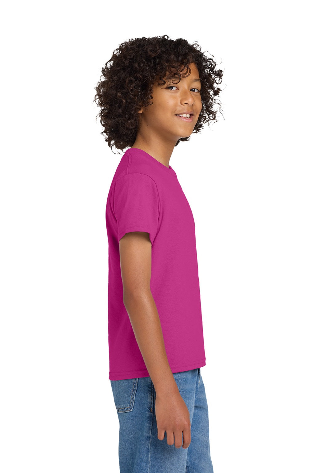 Gildan 8000B Youth DryBlend Moisture Wicking Short Sleeve Crewneck T-Shirt Heliconia Pink Model Side