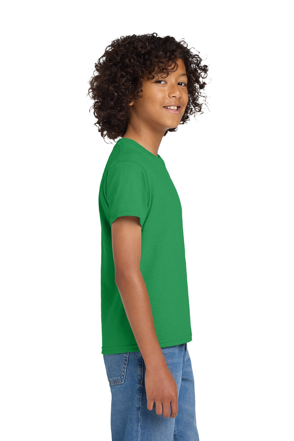 Gildan 8000B Youth DryBlend Moisture Wicking Short Sleeve Crewneck T-Shirt Irish Green Model Side