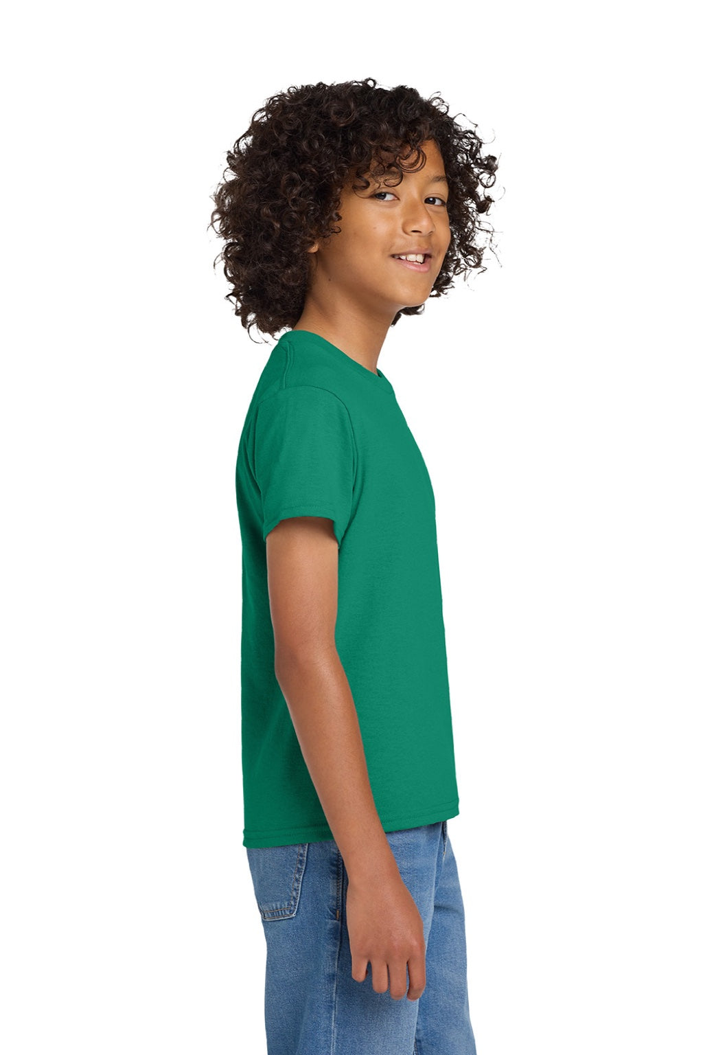 Gildan 8000B Youth DryBlend Moisture Wicking Short Sleeve Crewneck T-Shirt Kelly Green Model Side