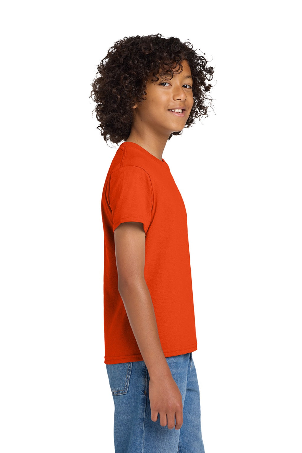 Gildan 8000B Youth DryBlend Moisture Wicking Short Sleeve Crewneck T-Shirt Orange Model Side