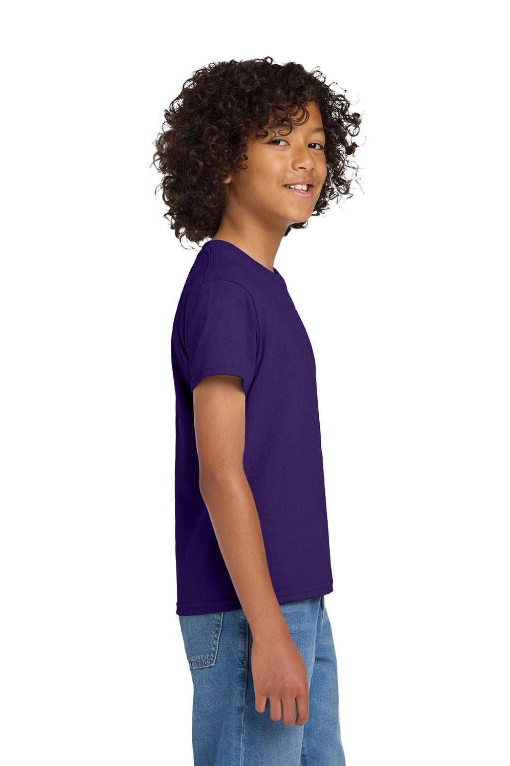 Gildan 8000B Youth DryBlend Moisture Wicking Short Sleeve Crewneck T-Shirt Purple Model Side