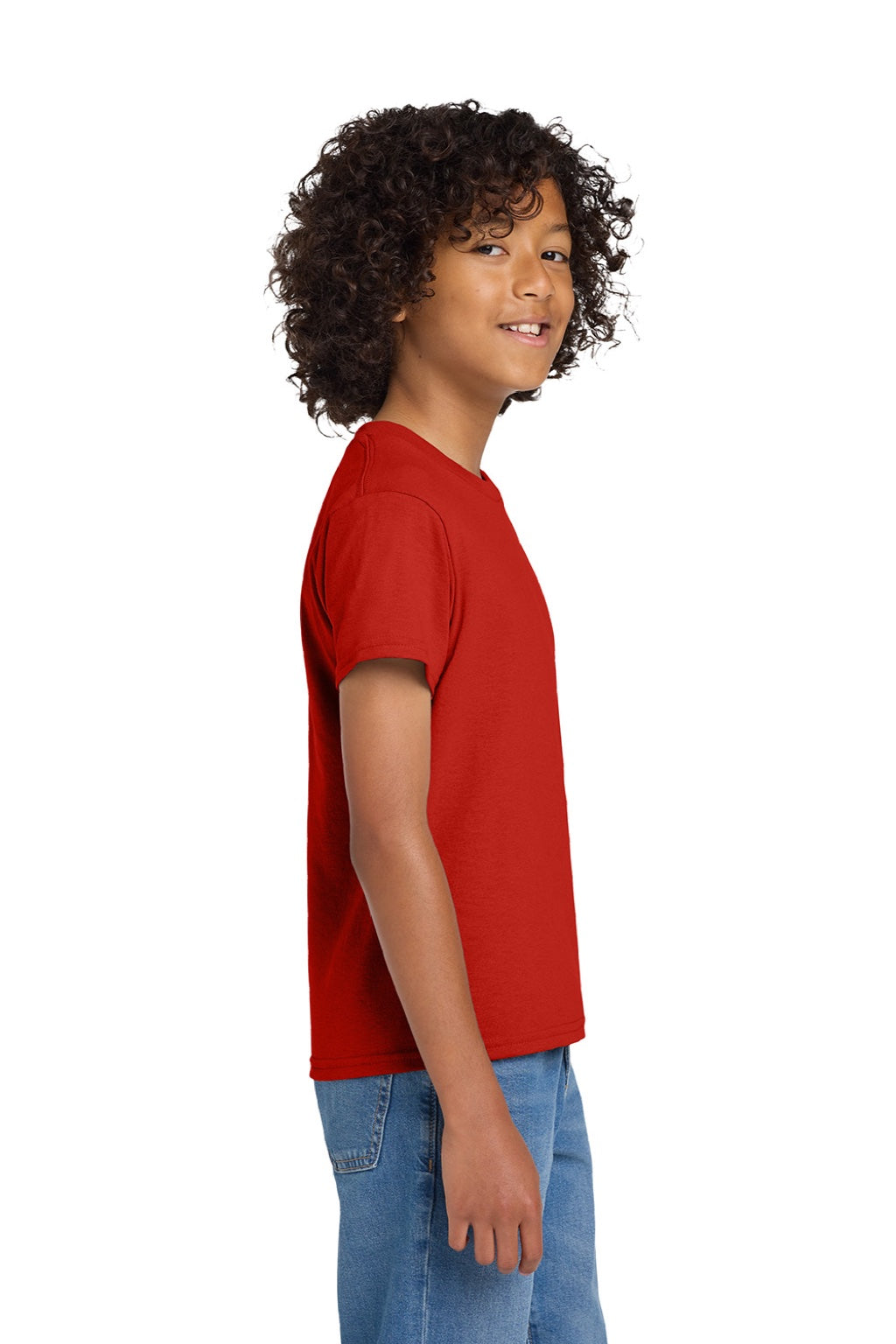 Gildan 8000B Youth DryBlend Moisture Wicking Short Sleeve Crewneck T-Shirt Red Model Side