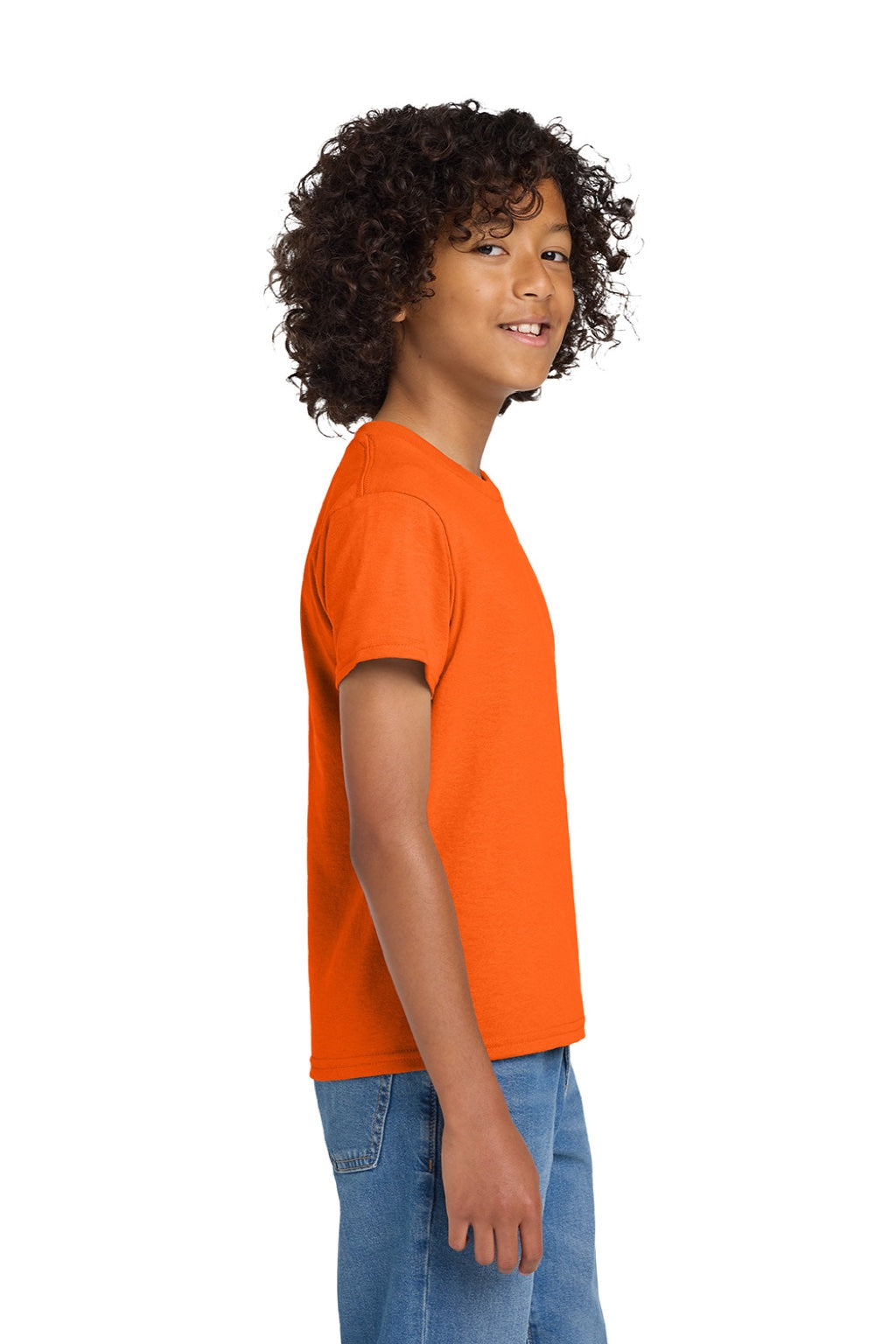 Gildan 8000B Youth DryBlend Moisture Wicking Short Sleeve Crewneck T-Shirt Safety Orange Model Side