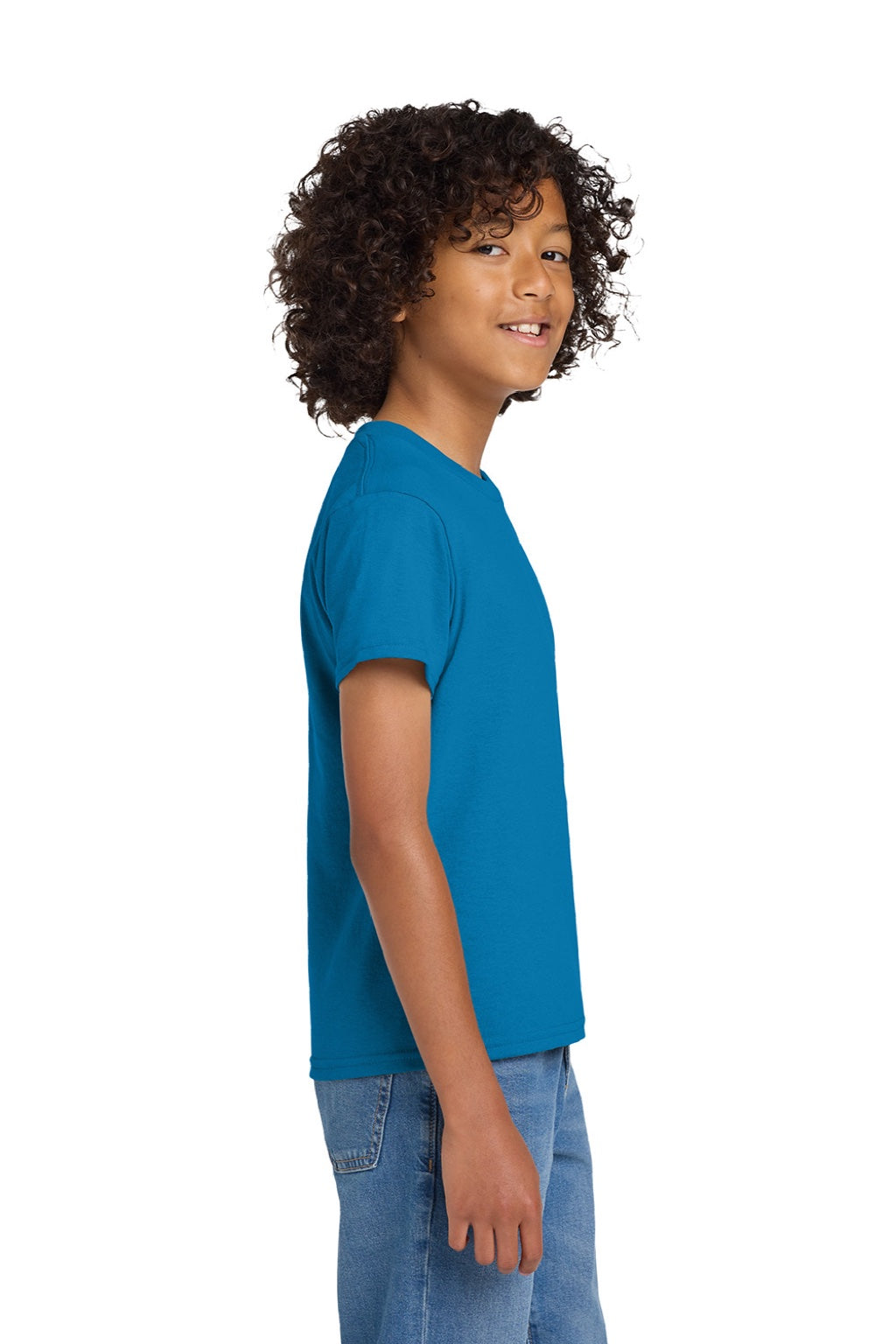 Gildan 8000B Youth DryBlend Moisture Wicking Short Sleeve Crewneck T-Shirt Sapphire Blue Model Side