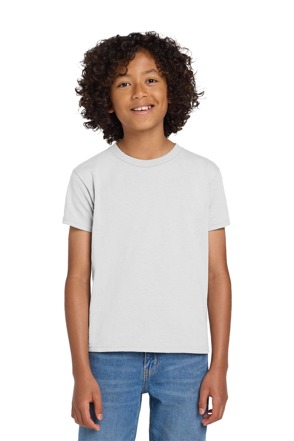 Gildan 8000B Youth DryBlend Moisture Wicking Short Sleeve Crewneck T-Shirt White Model Front