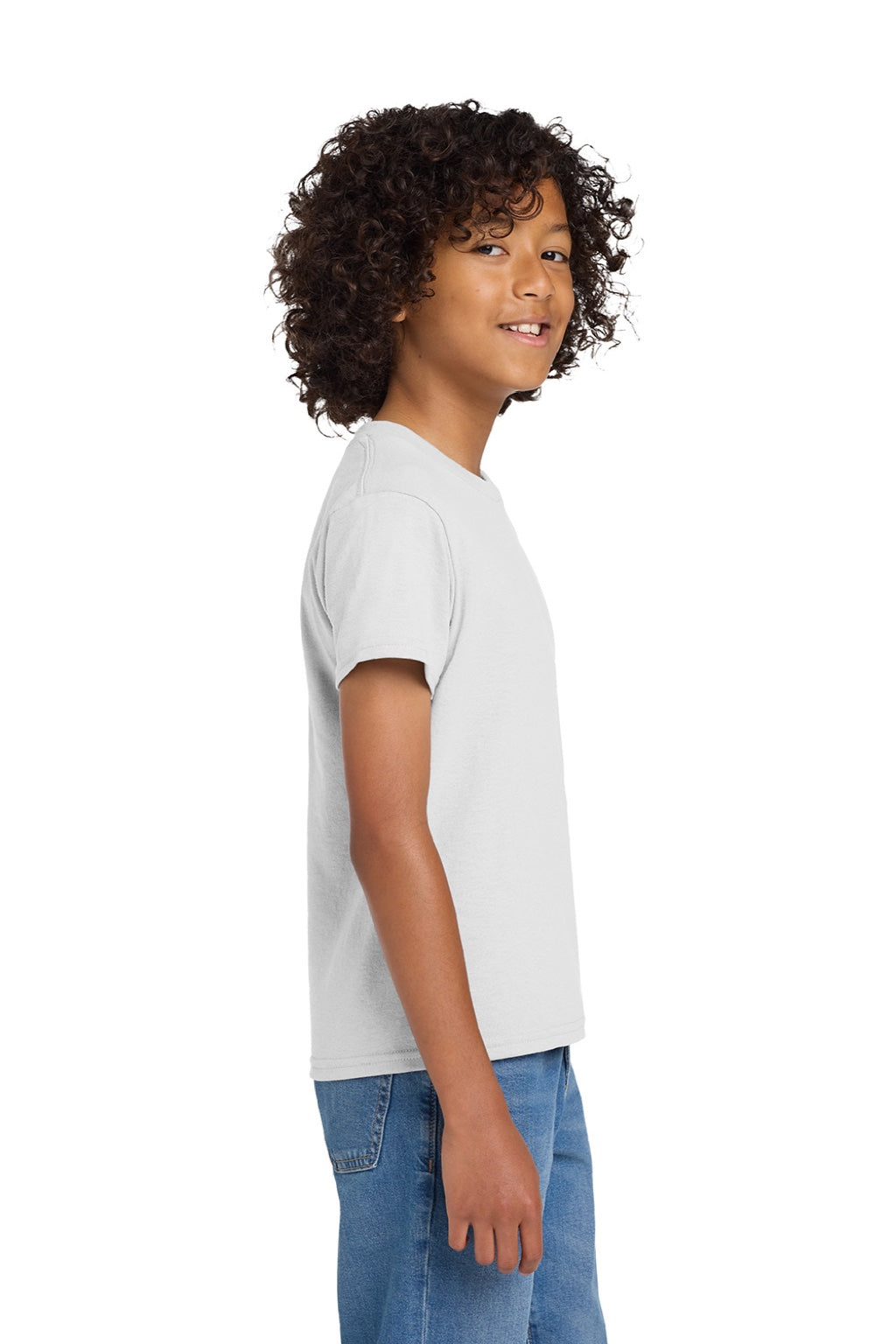 Gildan 8000B Youth DryBlend Moisture Wicking Short Sleeve Crewneck T-Shirt White Model Side