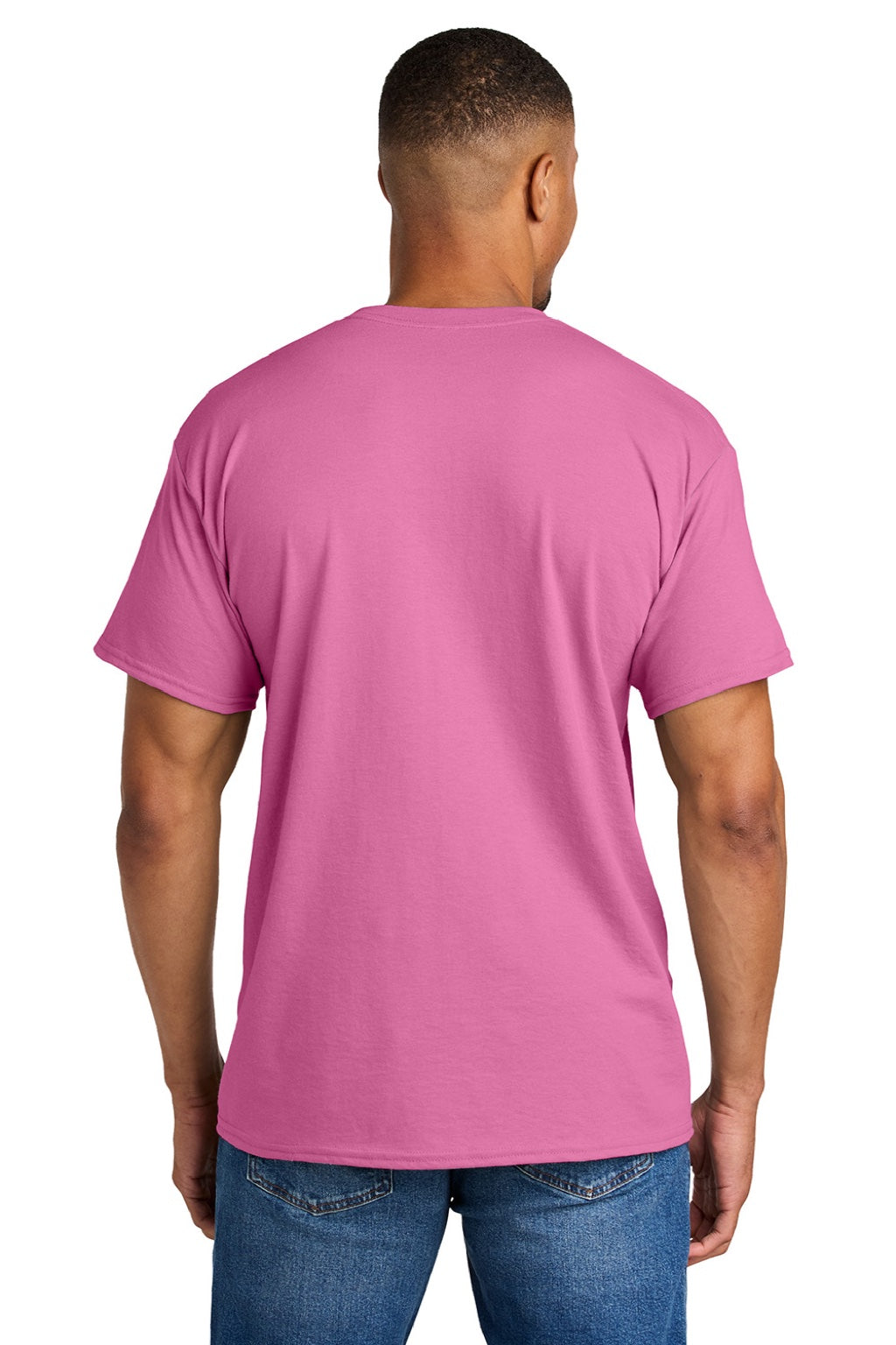 Gildan 8000 Mens DryBlend Moisture Wicking Short Sleeve Crewneck T-Shirt Azalea Pink Model Back